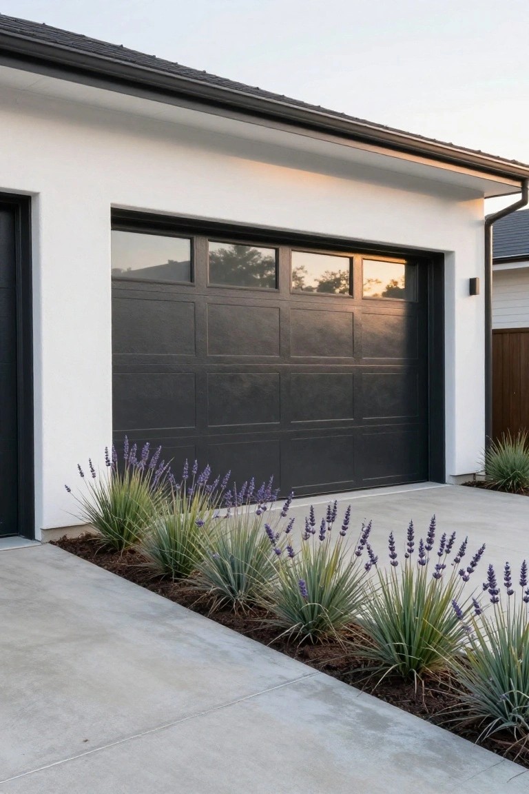 White stucco house exterior with large matte black paneled garage door containing small windows, concrete driveway, and landscaped bed of lavender and agave plants along the edge.