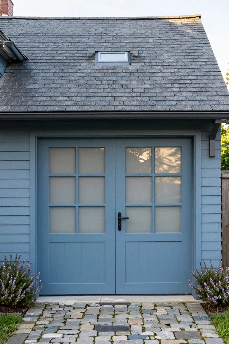 Detached garage with light blue clapboard siding, double blue garage doors with frosted glass in six-pane grids, dark slate gable roof with skylight, exterior wall light, pebble walkway, and purple flowering shrubs on each side.