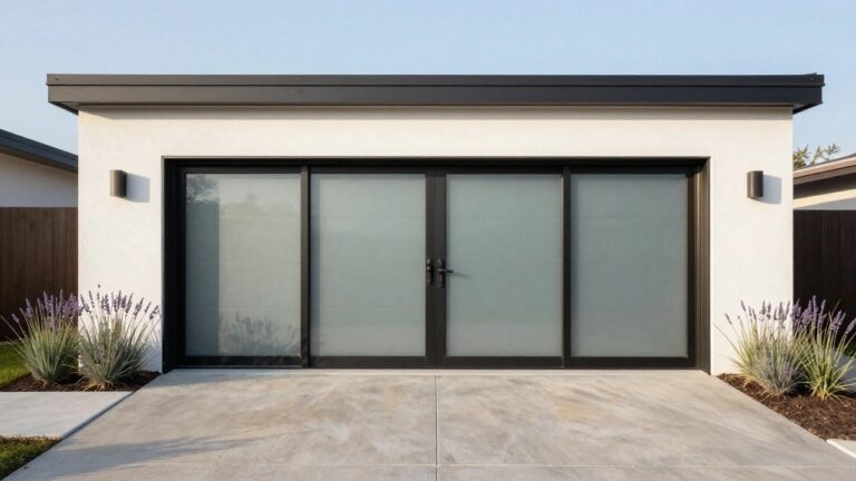 White stucco house exterior with large matte black paneled garage door containing small windows, concrete driveway, and landscaped bed of lavender and agave plants along the edge.