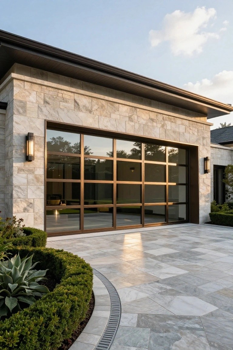 Modern house exterior with a large glass garage door featuring bronze metal grid frames set into a light stone wall, flanked by wall-mounted lights, stone paver driveway, and low boxwood hedges.