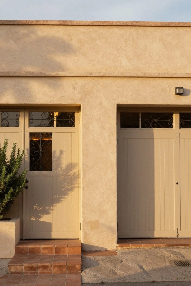 Beige stucco wall of a house with two tall light beige garage doors each having a small upper window with black wrought iron grille, a matching side entry door, potted shrub, wall light, and terracotta steps.
