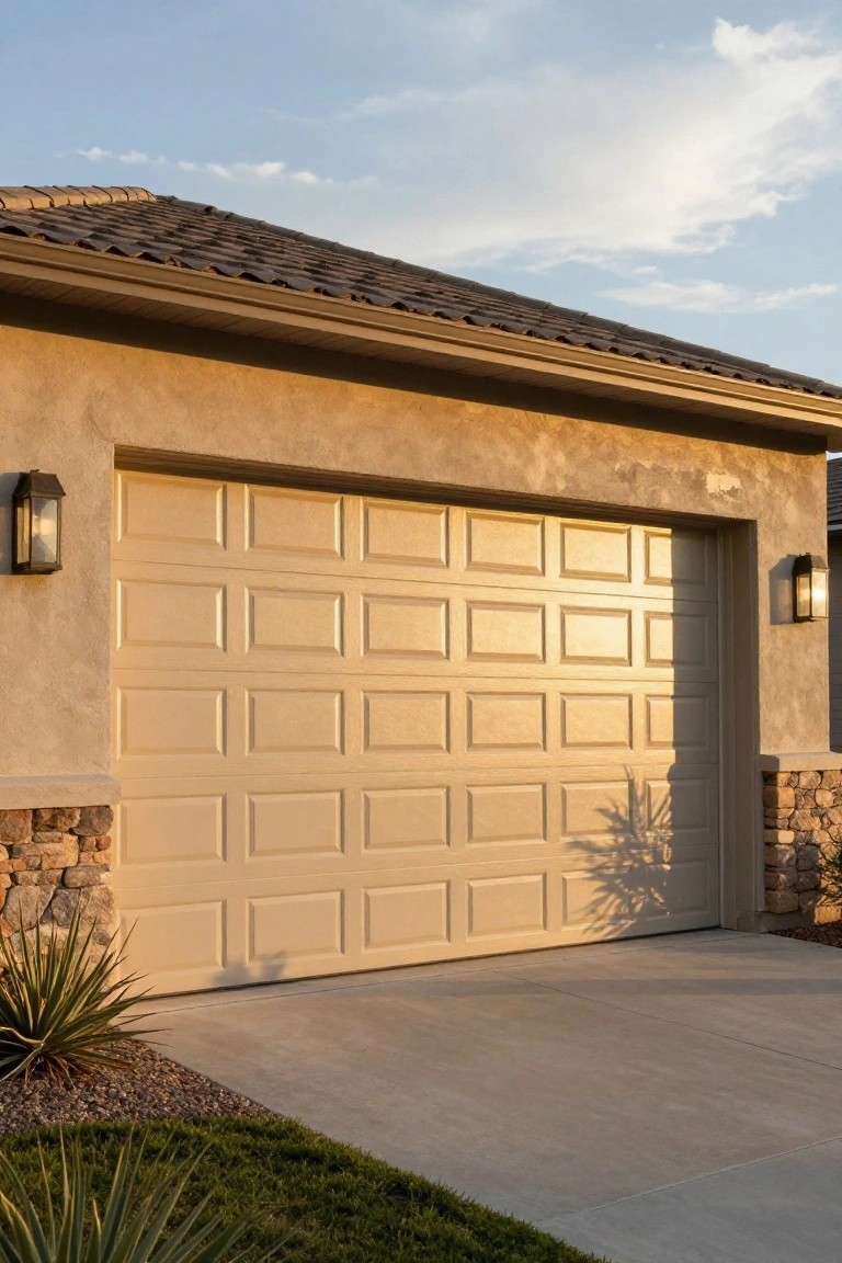 Tan stucco house exterior with beige paneled garage door flanked by short stone pillars topped with black wall lanterns, concrete driveway, agave plants and grass edging, golden evening light.