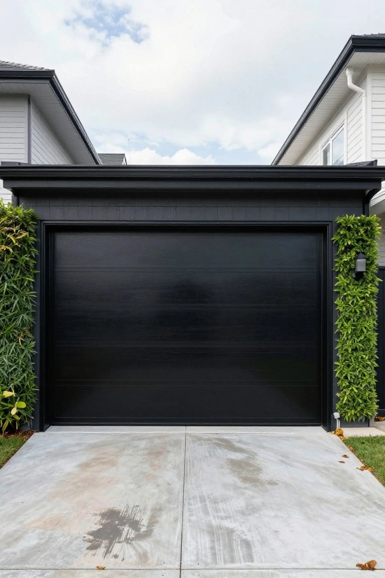 Modern white townhouse exterior with a large matte black slatted garage door centered between two units, flanked by tall green plants in black containers on a concrete driveway.
