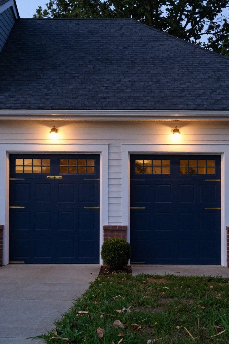 Two-car garage with navy blue paneled doors containing glass windows, white siding, brick base, wall-mounted lights turned on, driveway, small bush, and grass at dusk.