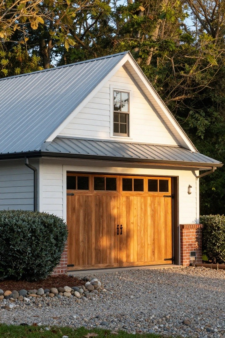 White clapboard detached garage with gray metal gable roof, wooden paneled garage door with four glass windows, brick base accents, flanked by boxwood shrubs, and gravel driveway.