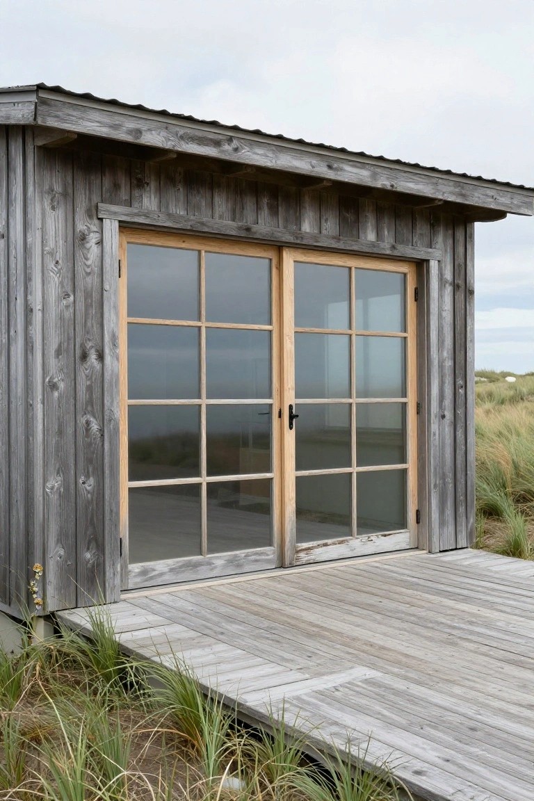 Small wooden shed with double glass-paneled doors on a wooden deck surrounded by tall beach grasses under a cloudy sky.