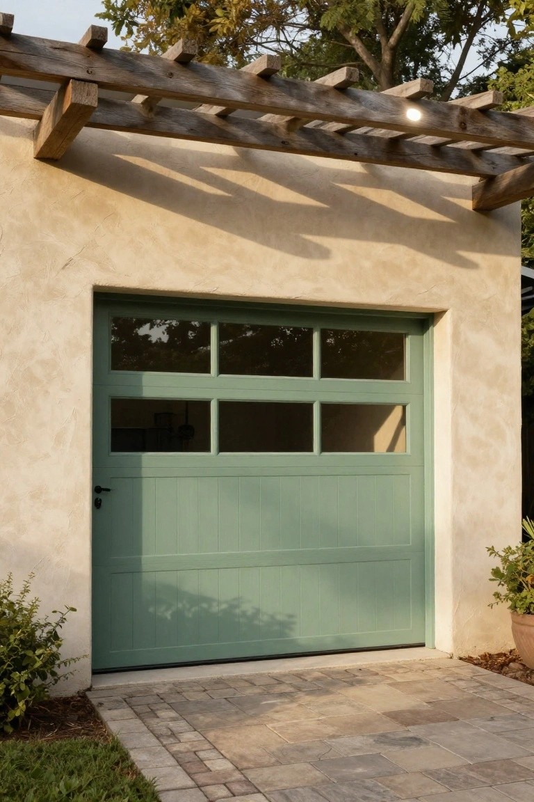 Sage green wooden garage door with four glass-paneled windows on a tan stucco wall under a wooden pergola structure, flanked by potted plants and a stone paver pathway.