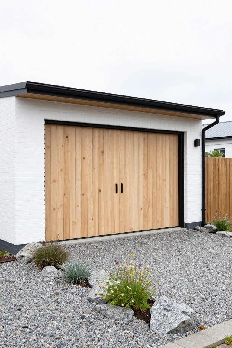 White brick garage building with double tall wooden plank garage door, black roof overhang and trim, gravel driveway, and low plants with rocks.