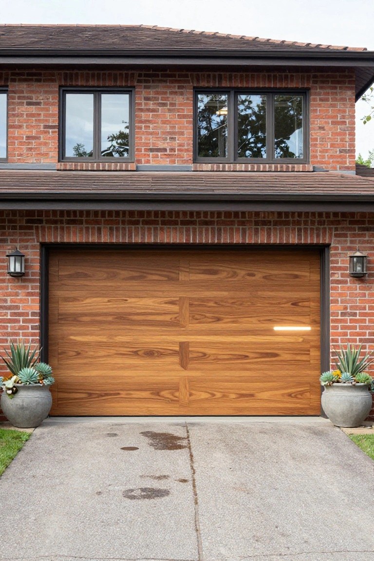 Two-story brick house with dark roof and large horizontal-slatted wooden garage door, flanked by potted agave plants and wall lanterns, concrete driveway in front.