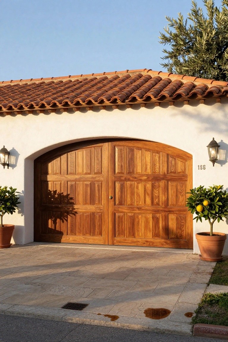 White stucco garage facade with double paneled wooden doors under an arched opening, flanked by black lanterns and potted lemon trees beside a concrete driveway and terracotta tile roof.