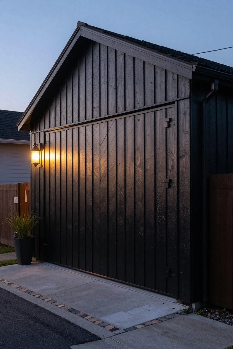 Side view of a dark vertical board-and-batten garage with a large chevron-patterned door, lit by a wall lantern at dusk, concrete driveway, potted yucca plant, and wood fence nearby.