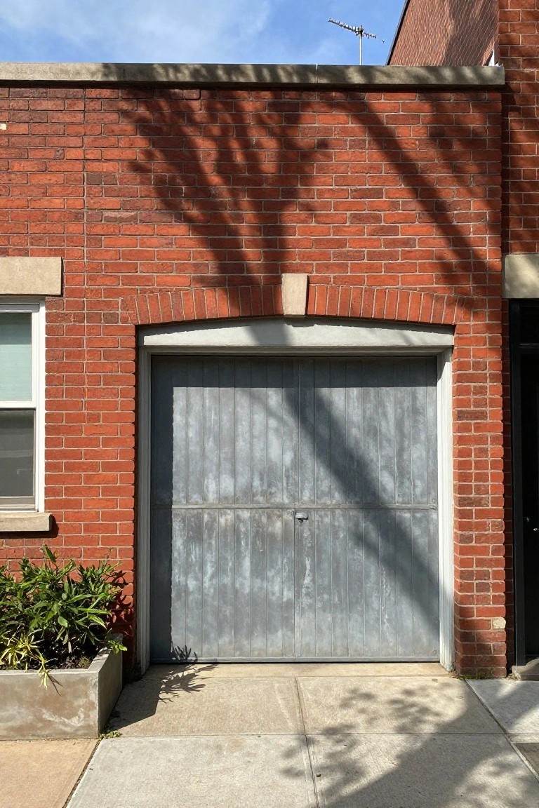 Gray ribbed metal garage door with arched top set into a red brick wall, small window on one side, potted green plant in concrete planter nearby, shadows from overhead tree.