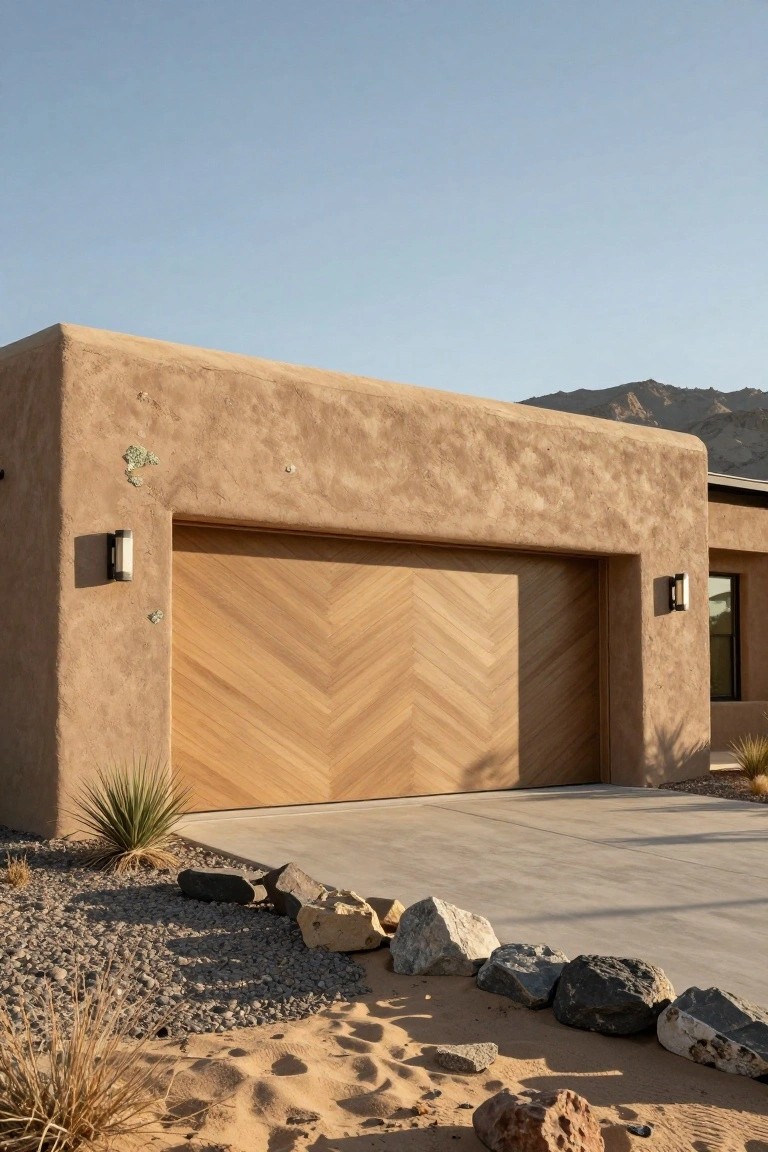 Tan stucco garage attached to adobe-style house with light wood chevron-patterned door, flanked by wall lights, desert plants, rocks, gravel driveway, and distant mountains under clear sky.