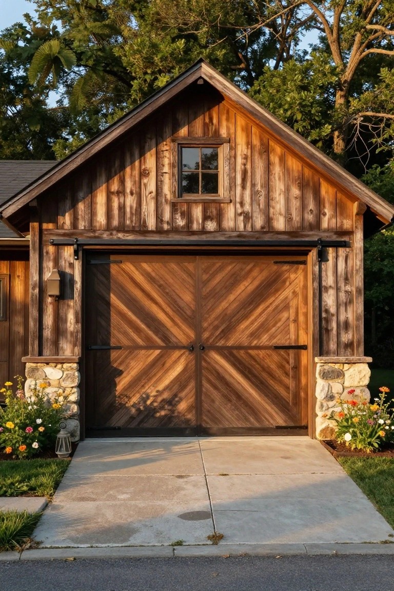Rustic wooden garage with tall gabled roof, large dark wooden garage door featuring chevron plank pattern, stone pillars on sides, flower beds, and concrete driveway.