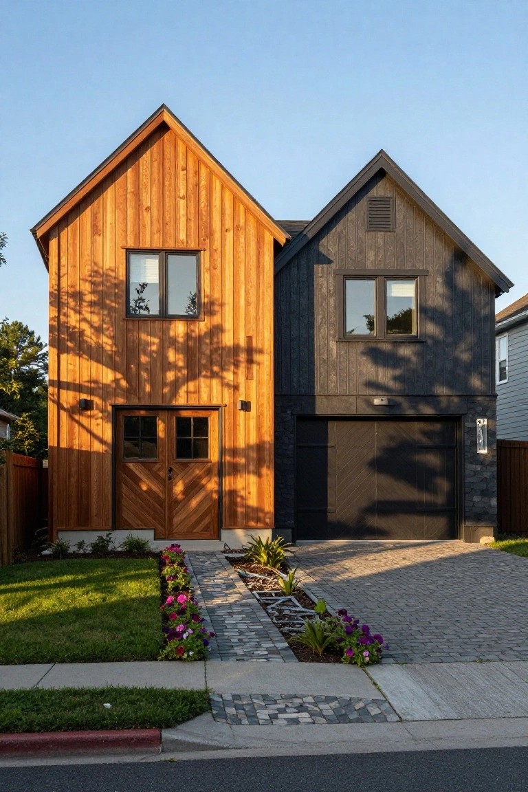 Duotone wood-clad house with warm cedar on one side and dark siding on the other, featuring a garage door and a white pebble chevron-patterned walkway bordered by pink flowers on a green lawn.