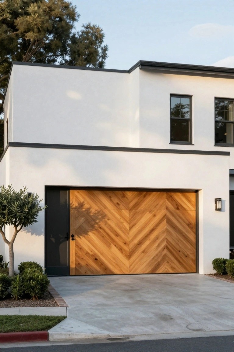 White stucco house exterior with black trim, featuring a large garage door clad in horizontal wooden planks arranged in a chevron pattern, an olive tree and shrubs beside the driveway, and a wall lantern.