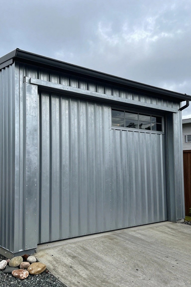 Gray corrugated metal garage building with large sliding door, small window, and concrete pad surrounded by rocks under cloudy sky.