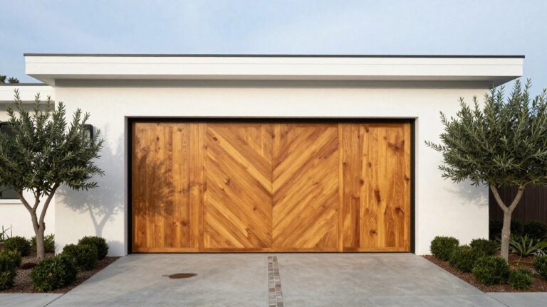 White stucco house exterior with black trim, featuring a large garage door clad in horizontal wooden planks arranged in a chevron pattern, an olive tree and shrubs beside the driveway, and a wall lantern.