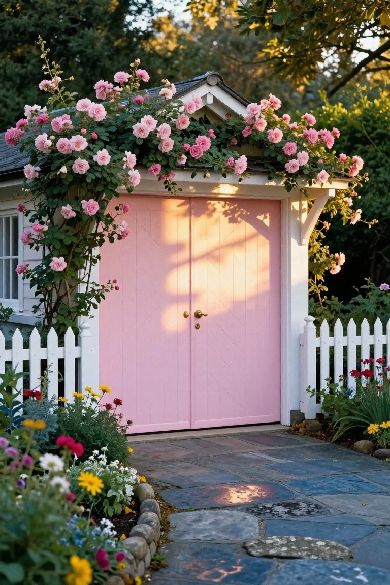 Pink wooden double garage doors on a small white-trimmed shed, draped in pink climbing roses over the arched top, flanked by white picket fence and colorful flower beds along a stone walkway.