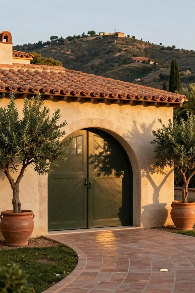 Stucco house exterior with arched dark green paneled garage door flanked by two olive trees in large terracotta pots, curved terracotta paver pathway leading up to it, terracotta tile roof, and hillside backdrop at sunset.