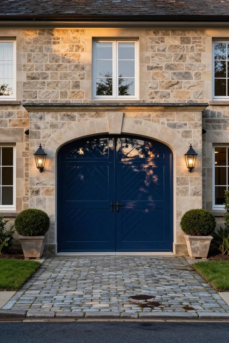 Stone house facade featuring double navy blue garage doors with chevron panel design under a stone archway, flanked by wall lanterns and potted boxwood shrubs beside a cobblestone path.