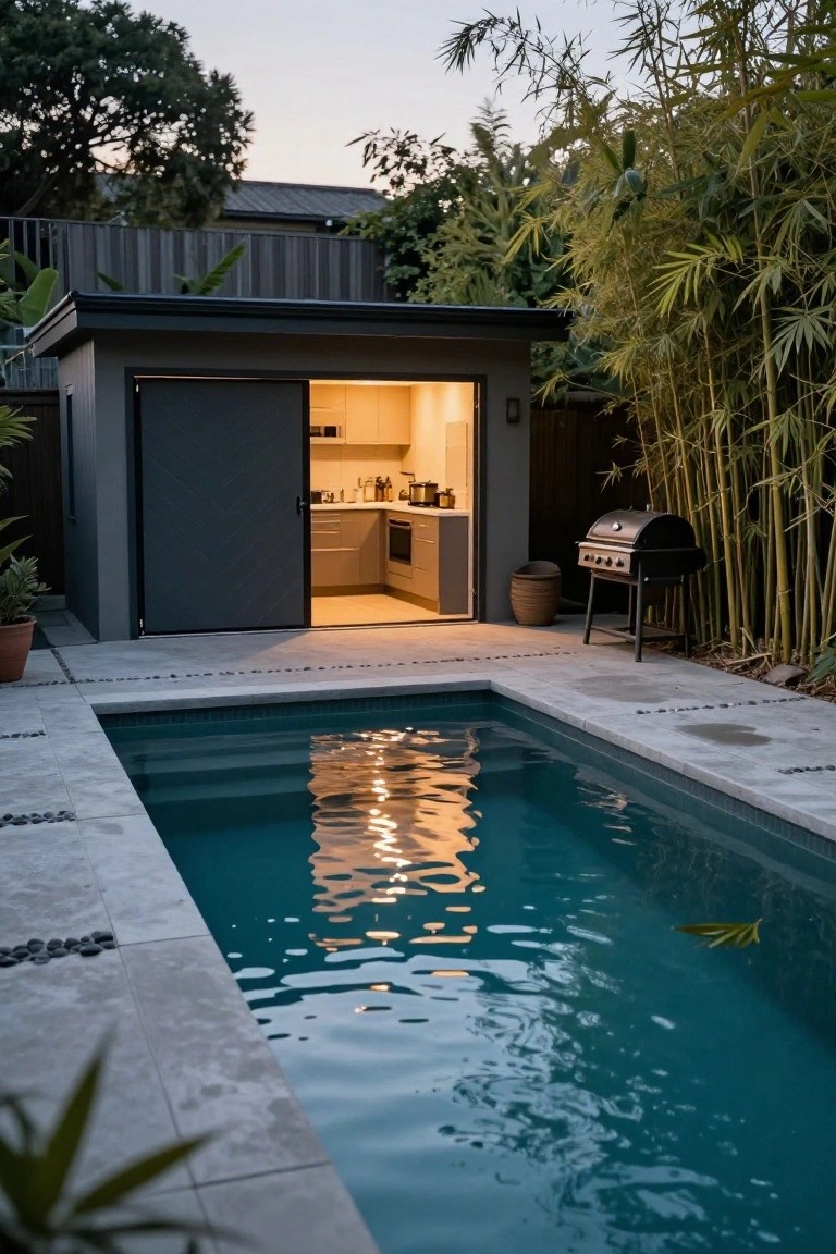 Modern gray shed with open door revealing kitchen interior next to rectangular turquoise pool on paver deck, surrounded by tall bamboo plants and barbecue grill in backyard at dusk.