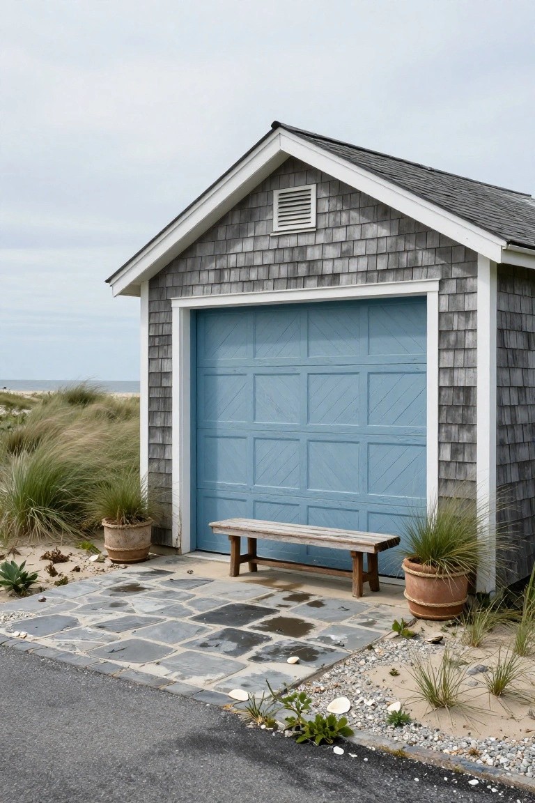Gray shingled detached garage with blue vertical chevron garage door, wooden bench, potted grasses, stone path, beach dunes, and ocean view.