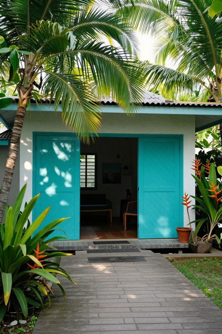 Small tropical building with open turquoise louvered double doors, surrounded by palm trees, heliconia plants in pots, and a stone pathway leading to the entrance.