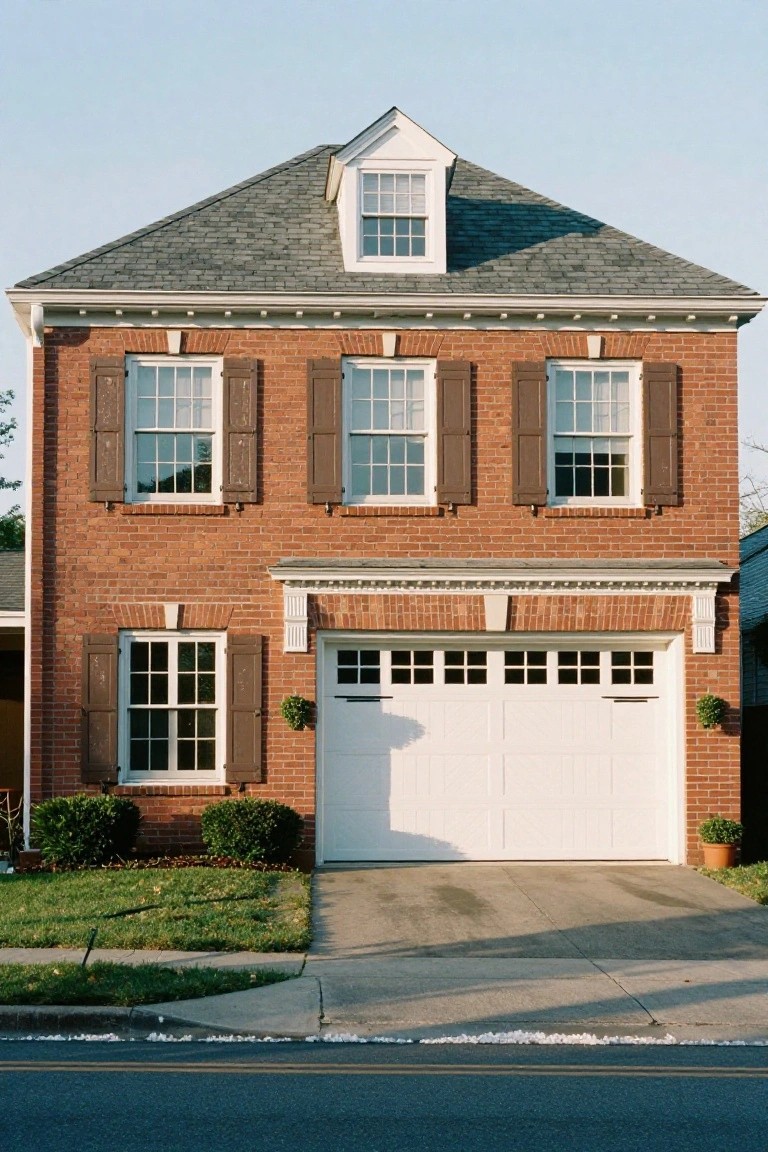 White Chevron Garage Door on Brick House