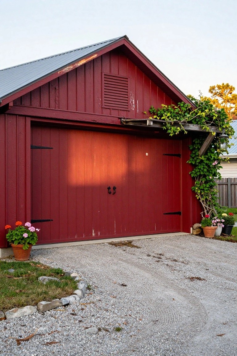 Red barn-style garage with wooden siding, double doors, climbing vines, potted flowers, and gravel driveway