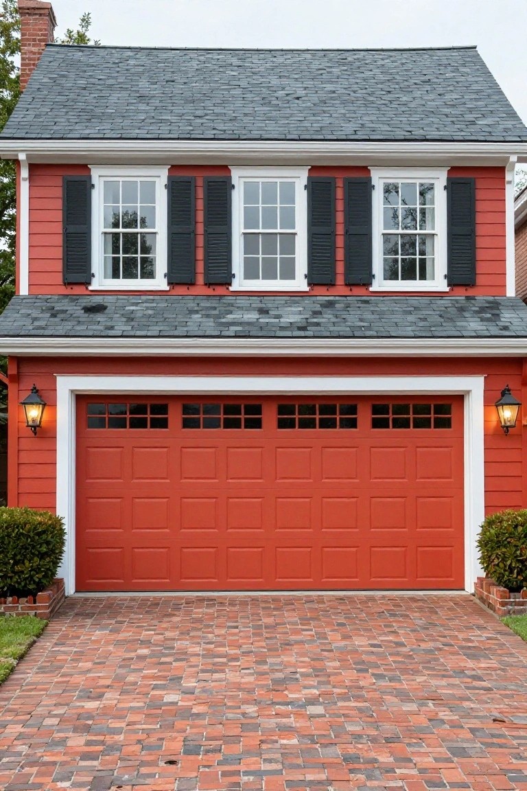 Red two-story house with red garage door and brick driveway.