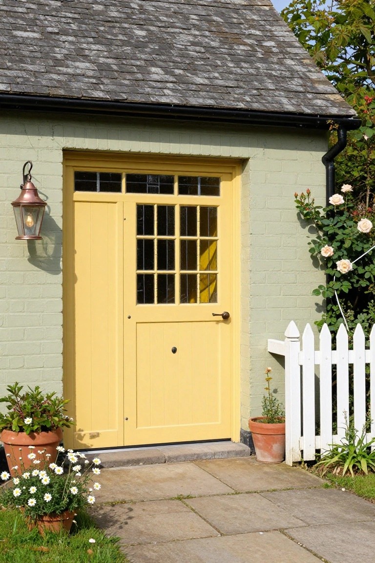 Pale yellow wooden garage door with glass panels on a mint green brick building, flanked by a copper lantern and climbing roses