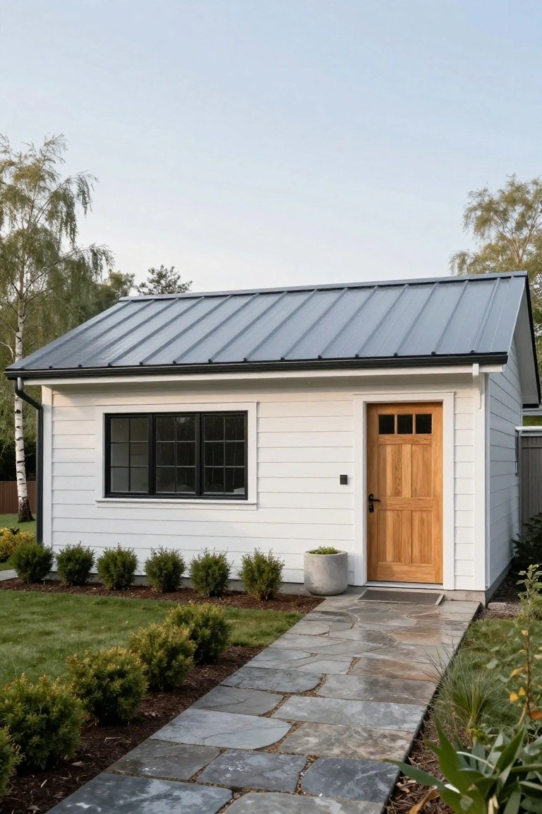 Modern white house with metal roof, wooden door, and stone pathway.