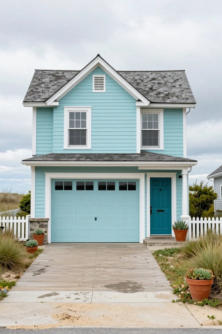 Light turquoise painted house and garage door with white trim and potted plants on a sandy driveway