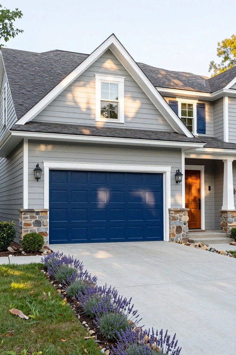 Gray house with navy garage door and purple lavender garden.