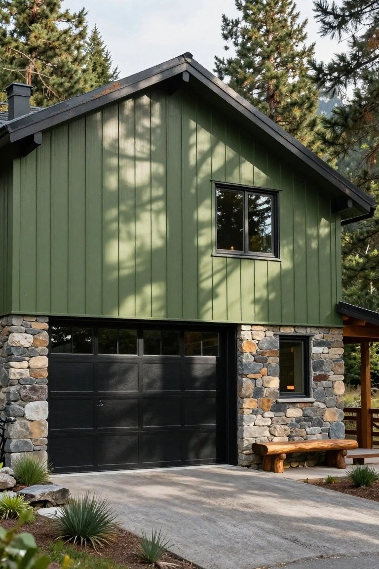 Garage with sage green siding over stone base, black door, and wood accents in a forested setting
