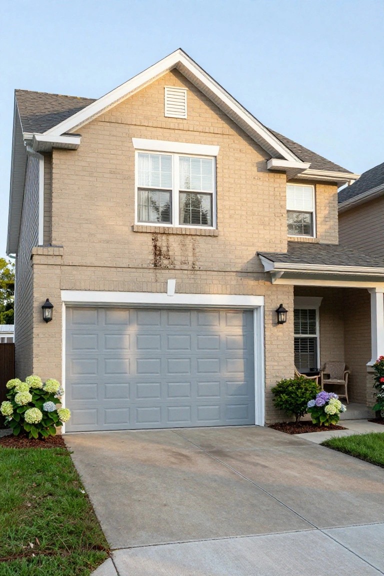 Two-story beige brick house with light gray garage door, white trim, and potted hydrangeas on driveway