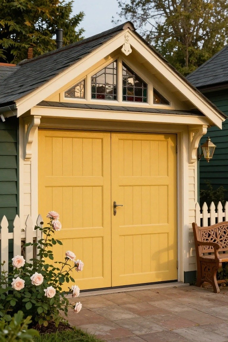 Detached garage with bright sunny yellow double doors, olive green siding, cream trim, white picket fence, and pink roses in a garden setting