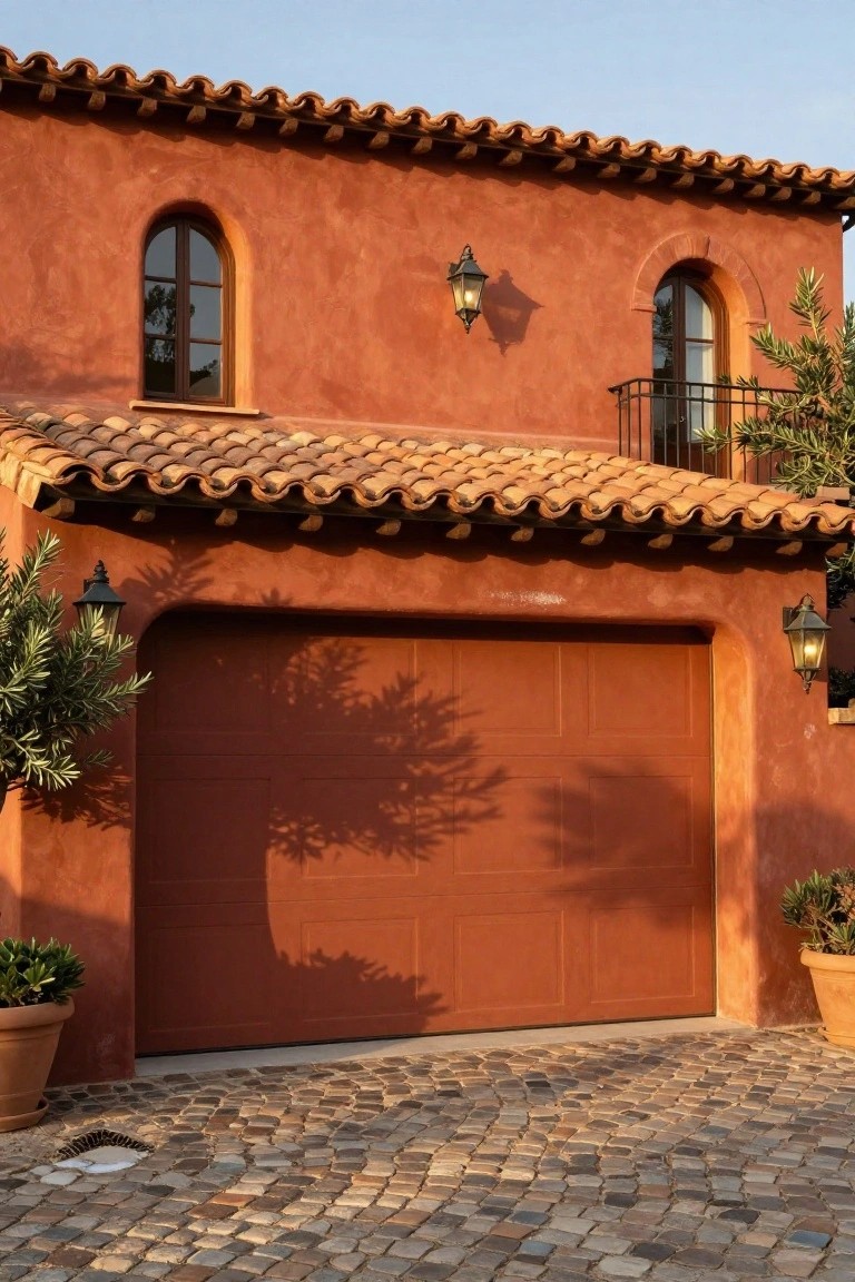 Warm terracotta stucco house exterior with matching garage door, arched windows, and potted olive trees