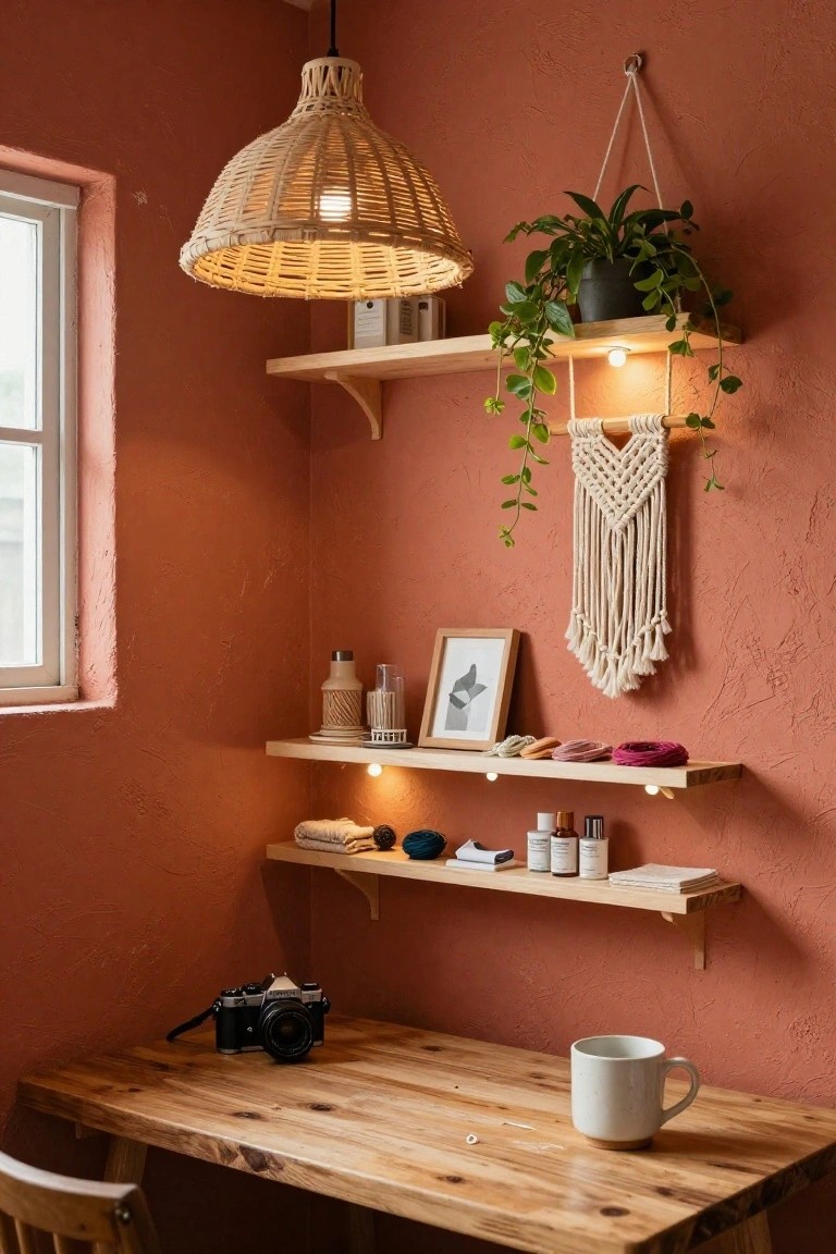 Cozy terracotta corner setup with woven pendant lamp, floating shelves holding plants and decor, wooden desk with mug and camera