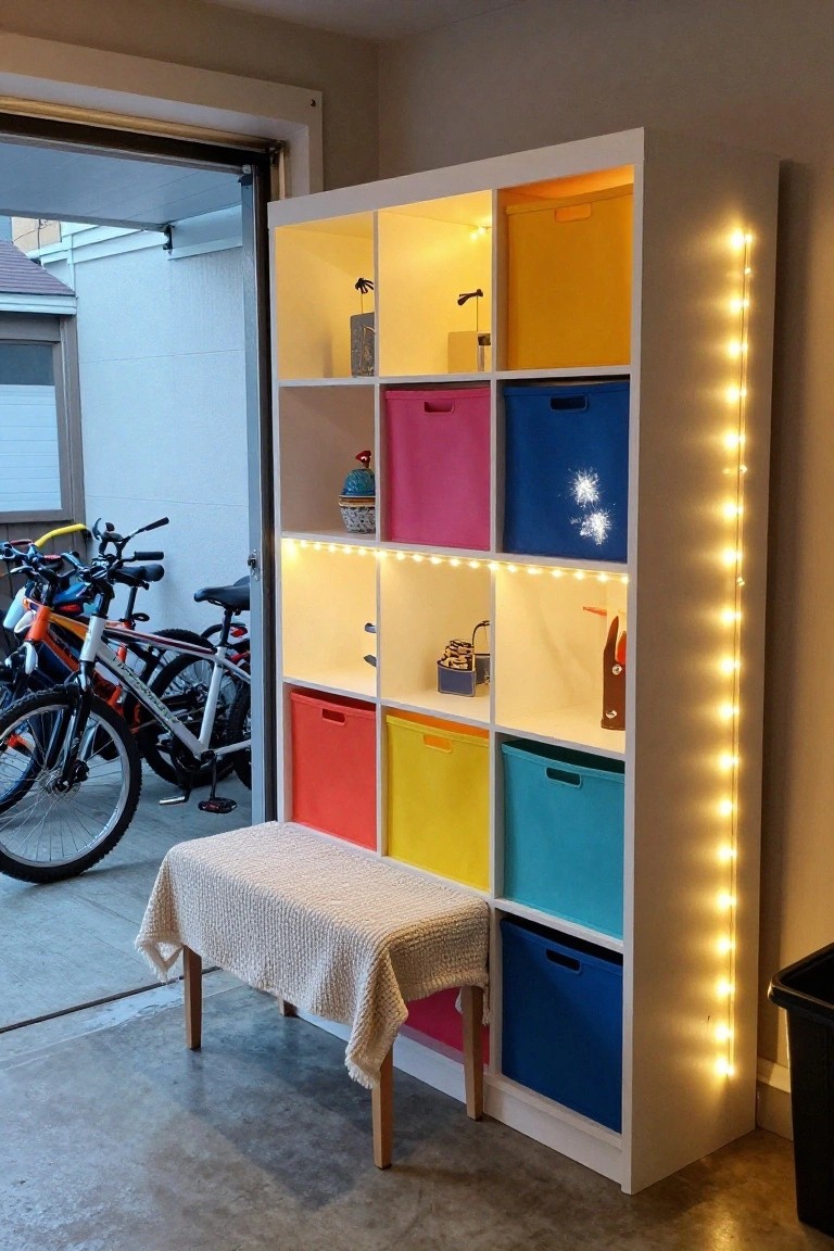 Garage shelving unit outlined in glowing LED strip lights with colorful storage bins and bikes in the background