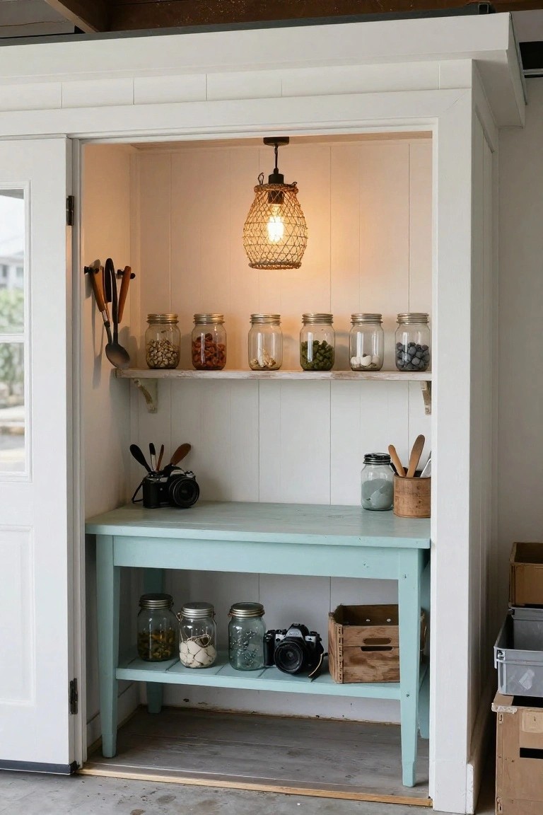 Cozy garage storage nook with open white walls, teal workbench holding jars and tools, shelves of supplies, and warm hanging lantern light overhead