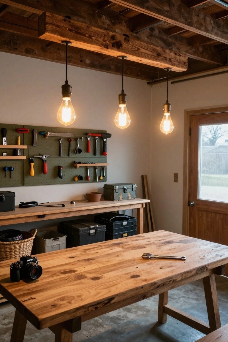 Three cord-hung pendant lights over a wooden workbench in a garage workshop with pegboard tool storage