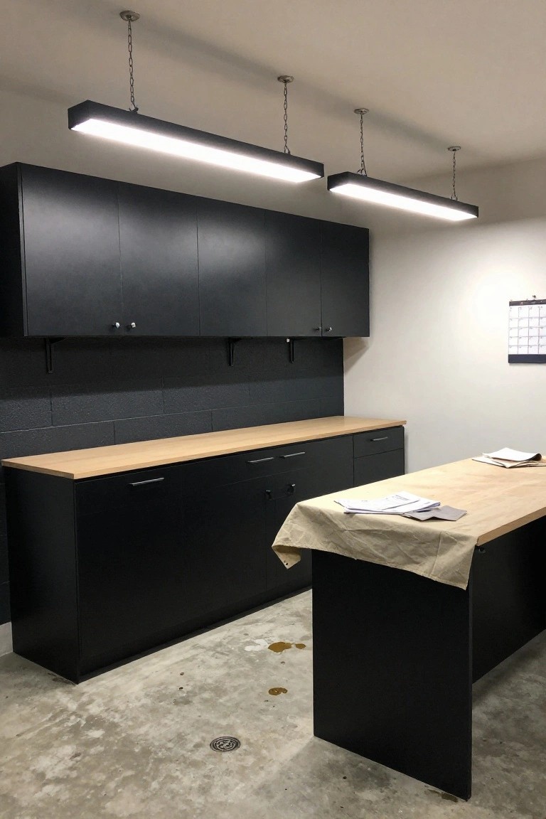 Garage workspace with black cabinets, wooden counters, and hanging linear LED lights overhead