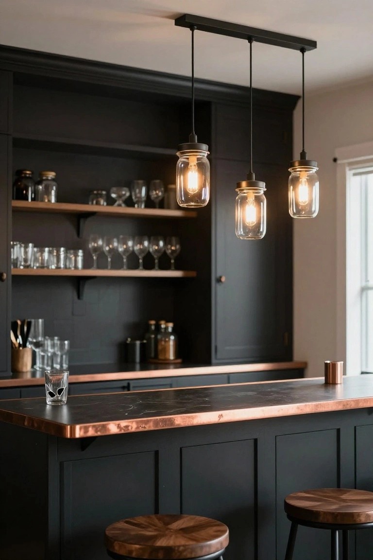 Three black metal mason jar pendant lights hanging over a dark bar counter with copper top and wooden stools