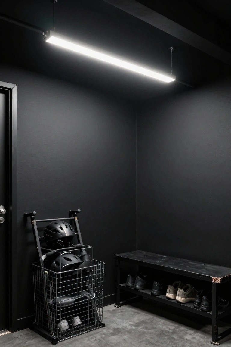 Dark garage corner lit by slim hanging linear LED bar over helmet rack and shoe bench storage