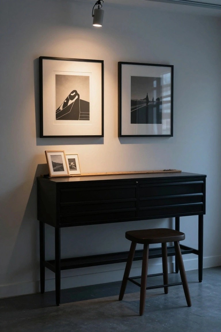 Minimalist workspace corner with black pendant light over wooden desk, stool, and framed black-and-white photos on gray wall