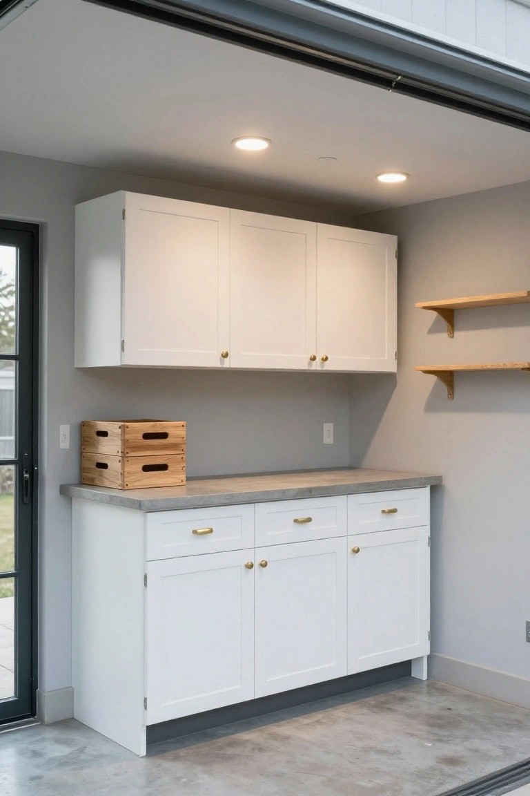 Garage utility space with white cabinets, counter, and recessed ceiling lights providing task illumination