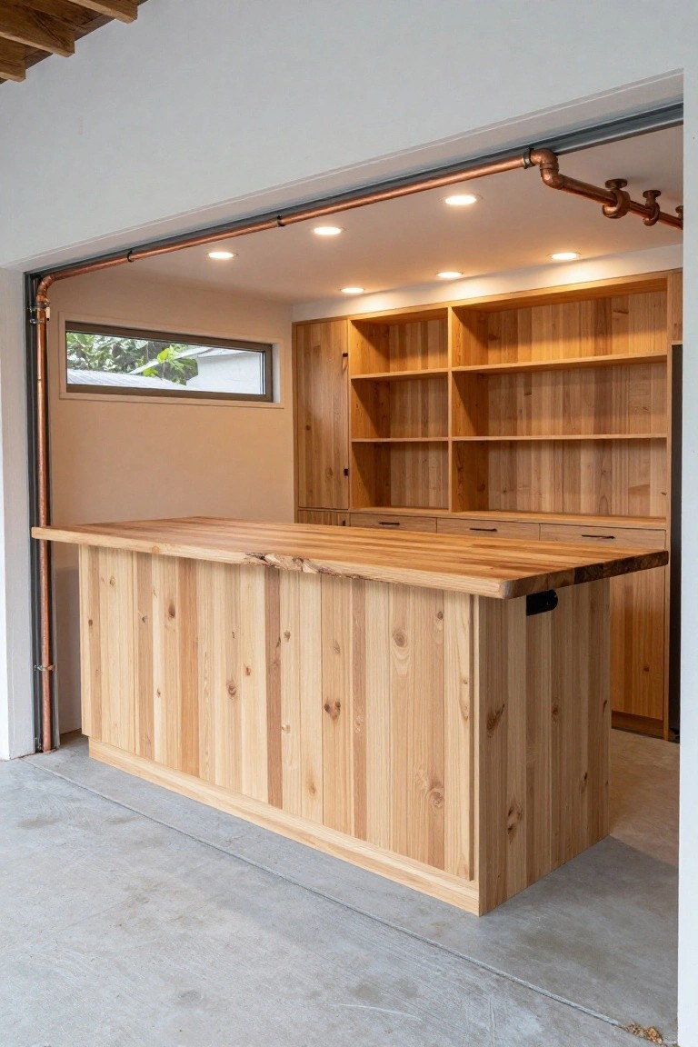 Garage workshop bar with wooden cabinets and counter lit by recessed ceiling lights