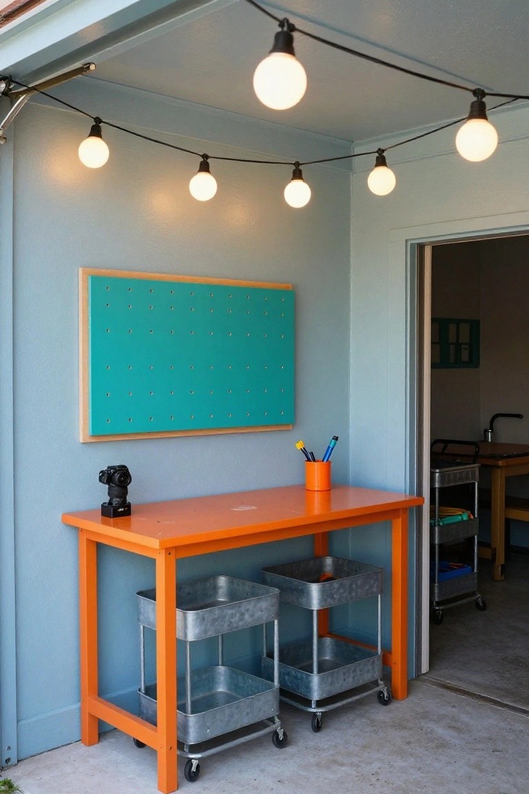 Orange desk and storage bins under hanging string lights in a garage workspace with teal bulletin board